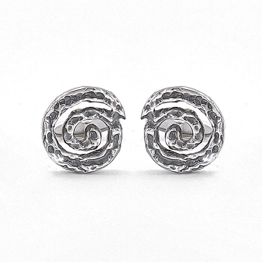 Gemelos Galaxia de plata de ley y rodio negro, espiral de plata sobre fondo negro