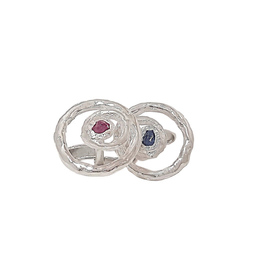 Waves Cufflinks in Sterling Silver with Raw Sapphire and Ruby